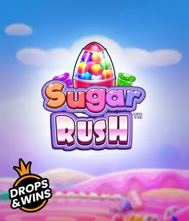 Изображение игрового автомата Sugar Rush от Pragmatic Play, показывающее волшебный мир конфет и сладостей. На переднем плане видны символы в виде конфет и желейных мишек, окруженные яркой атмосферой. В верхней части расположен название слота Sugar Rush, подчеркивающий сахарную тематику игры.